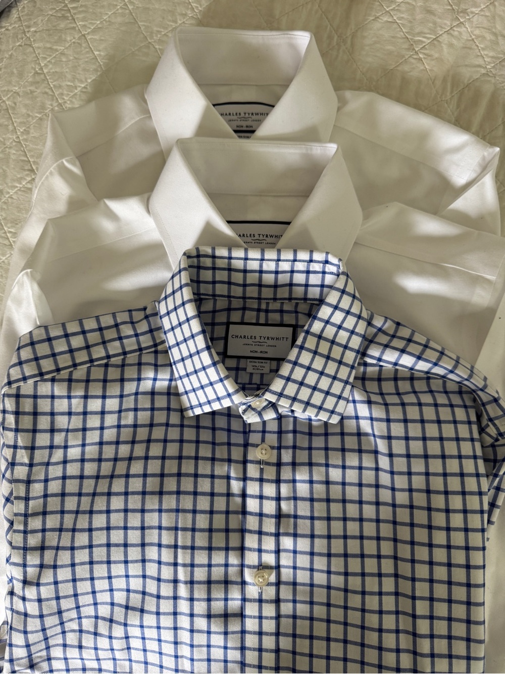 Lot of 3 Charles Tyrwhitt Dress Shirts. 2 white, 1 blue & white